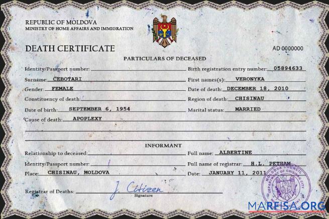Downloadable Moldova vital record death certificate PSD template